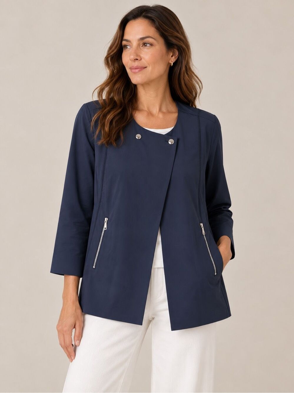 Lafayette 148 New York Fundamental Stretch Jacket Size 14 Navy Blue Snaps Nylon
